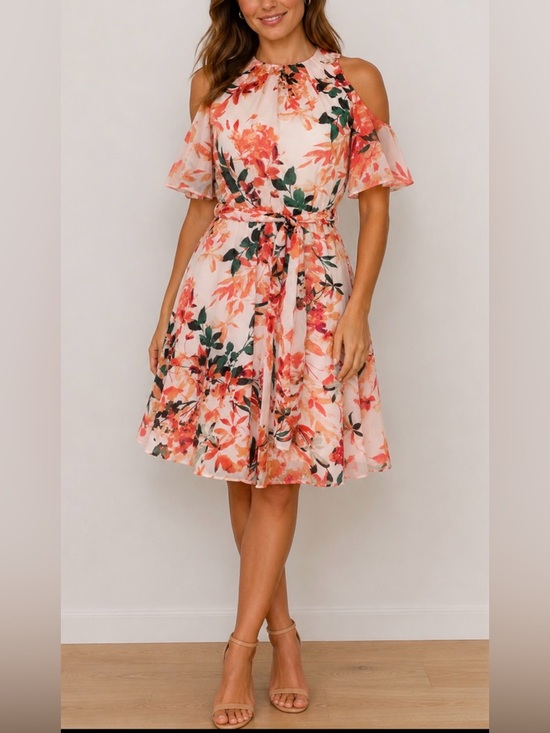 Calvin Klein Dresses & Skirts - Calvin Klein Irmina Peach-Pink Floral Cold-Shoulder Belted Mini Dress Size 2